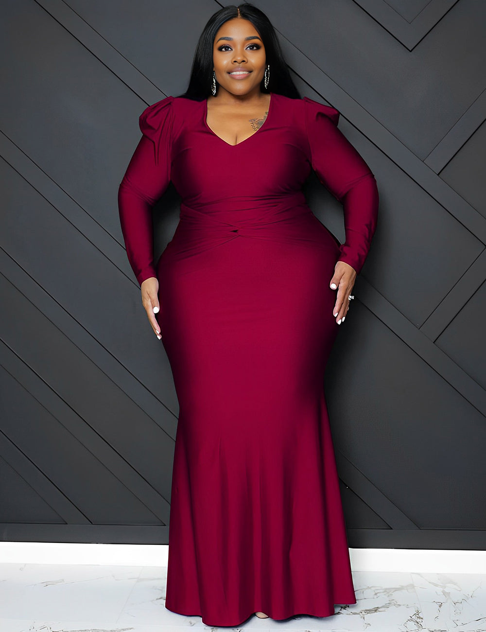 Women Plus Size V Neck Pleated Knit Dress-2