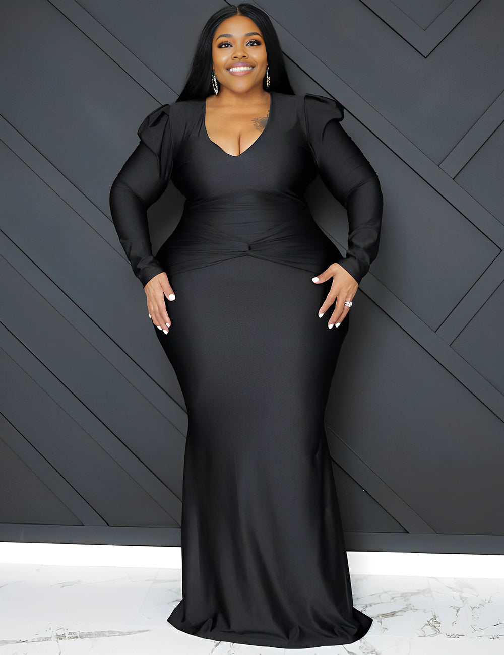 Women Plus Size V Neck Pleated Knit Dress-4