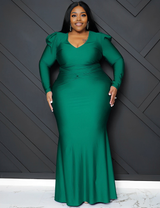 Women Plus Size V Neck Pleated Knit Dress-5