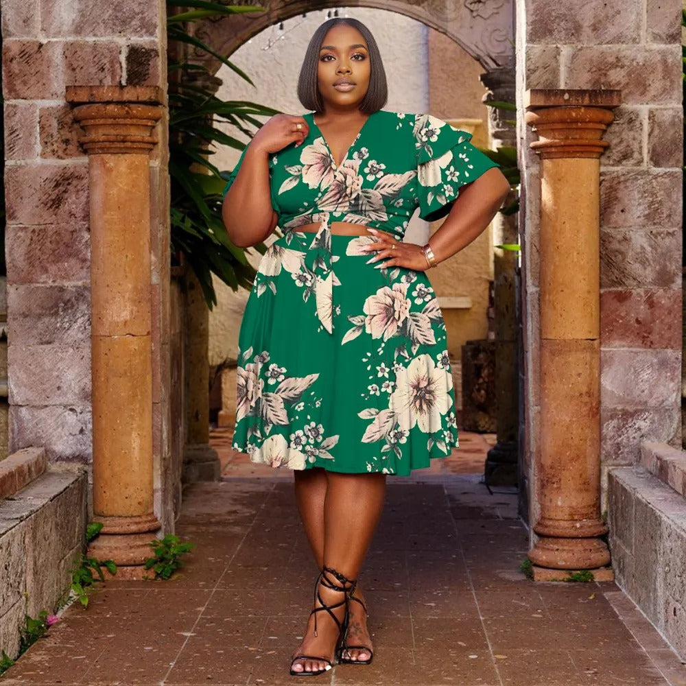 Women Plus Size V Neck Printed Ruffle Sleeve Pocket Dress-10