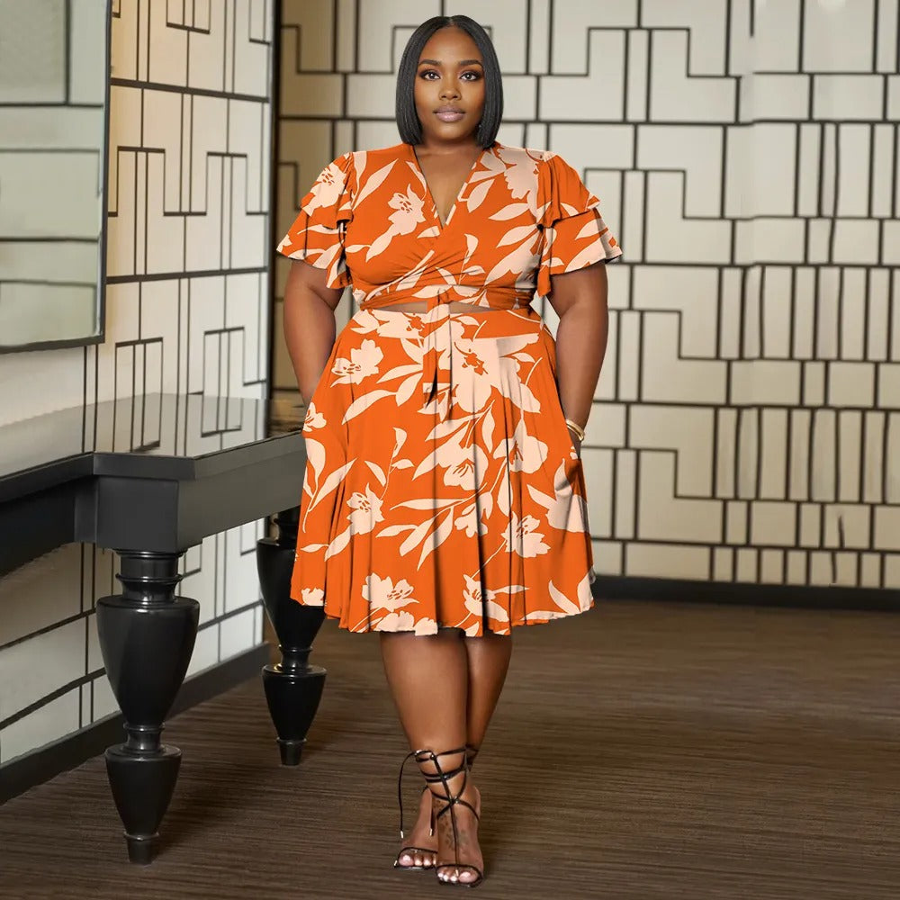 Women Plus Size V Neck Printed Ruffle Sleeve Pocket Dress-4