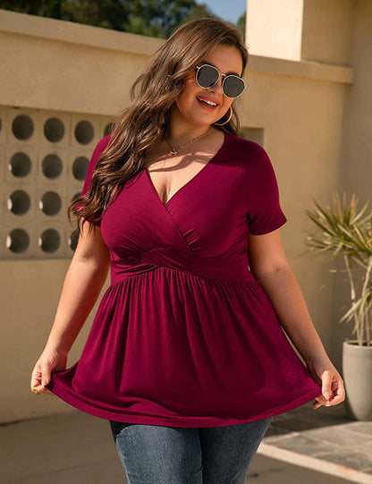 Women Plus Size V Neck Wrap Tunic Short Sleeve | PRUSES