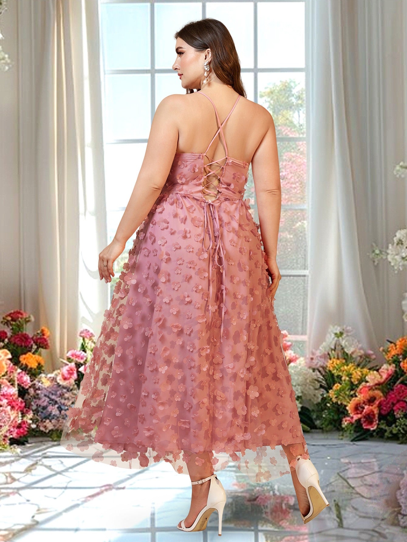 Women Plus Size Vacation Style Mesh Spaghetti Strap Maxi Dress