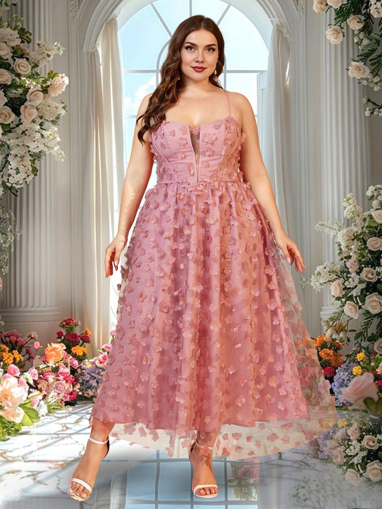 Women Plus Size Vacation Style Mesh Spaghetti Strap Maxi Dress