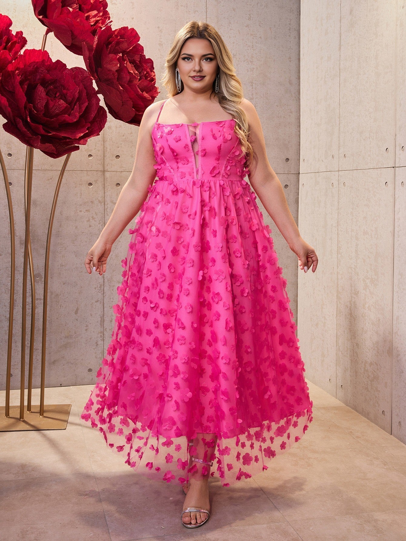 Women Plus Size Vacation Style Mesh Spaghetti Strap Maxi Dress