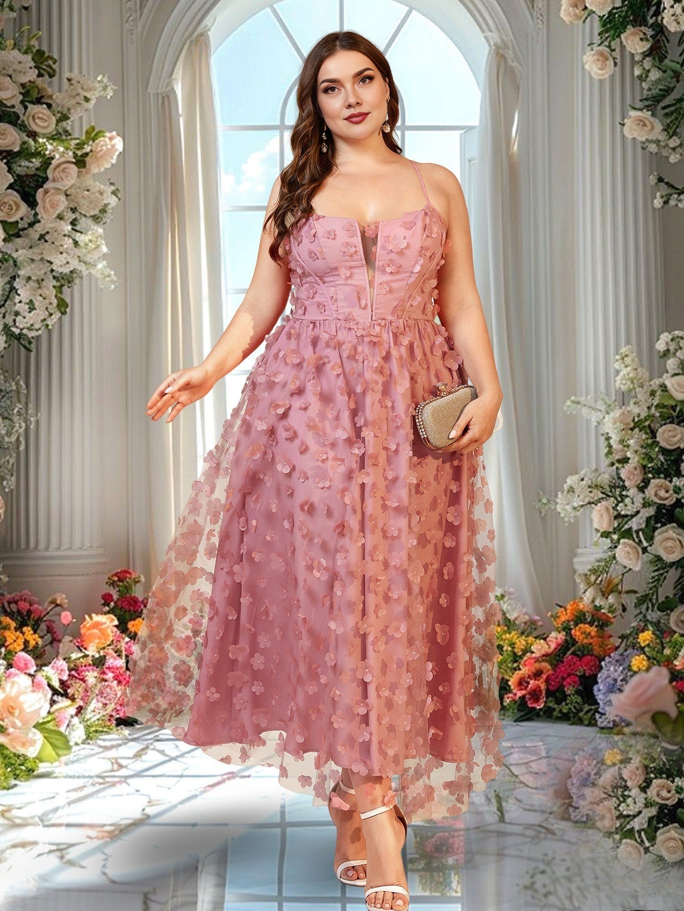 Women Plus Size Vacation Style Mesh Spaghetti Strap Maxi Dress