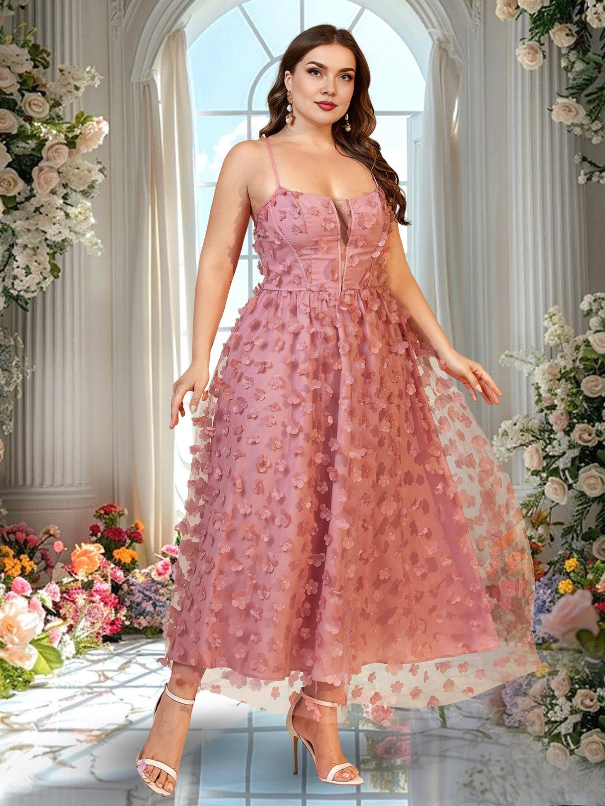 Women Plus Size Vacation Style Mesh Spaghetti Strap Maxi Dress