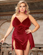 Women Plus Size Red Velour Embroidery Babydoll Nightgown