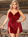 Women Plus Size Red Velour Embroidery Babydoll Nightgown