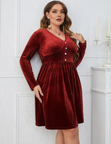 Women Plus Size Velvet Burgundy Buttoned Long Sleeve Midi Dress