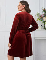 Women Plus Size Velvet Burgundy Buttoned Long Sleeve Midi Dress