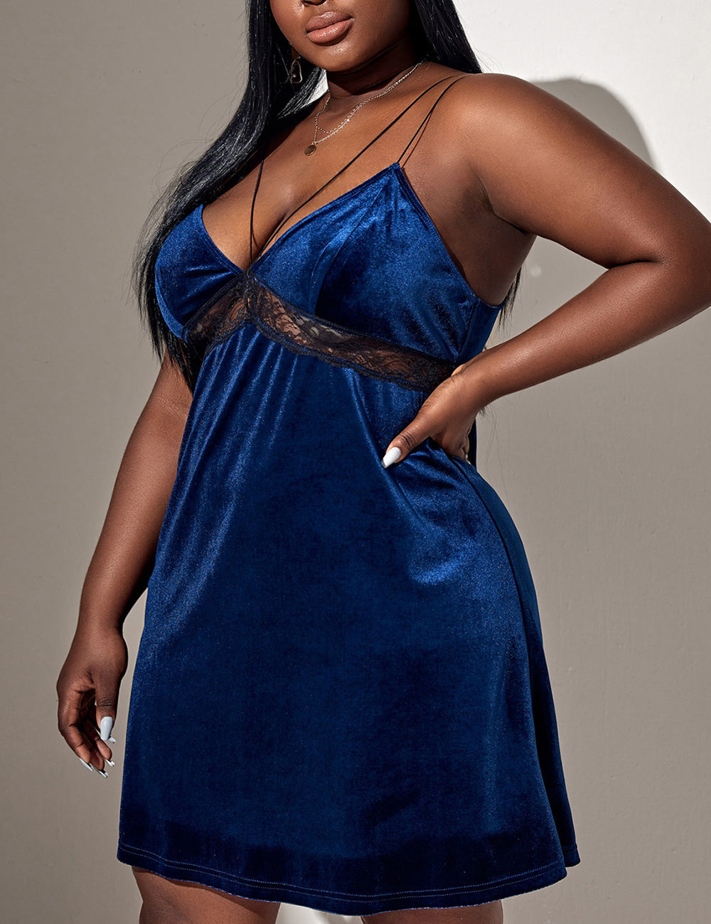 Women Plus Size Velvet Hollow Lace Babydoll-1