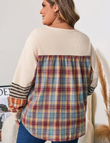 Women Plus Size Waffle Colorblock Striped Plaid Pullover