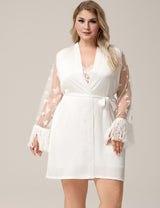 Women Plus Size White Butterfly Mesh Sleeve Satin Patchwork Robe