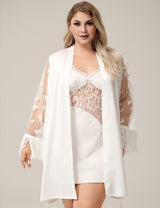 Women Plus Size White Butterfly Mesh Sleeve Satin Patchwork Robe