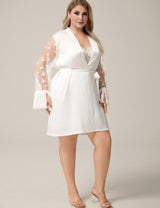 Women Plus Size White Butterfly Mesh Sleeve Satin Patchwork Robe