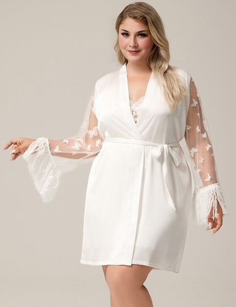 Women Plus Size White Butterfly Mesh Sleeve Satin Patchwork Robe