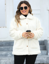 Women Plus Size White Fleece Button-Up Jacket