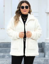 Women Plus Size White Fleece Button-Up Jacket