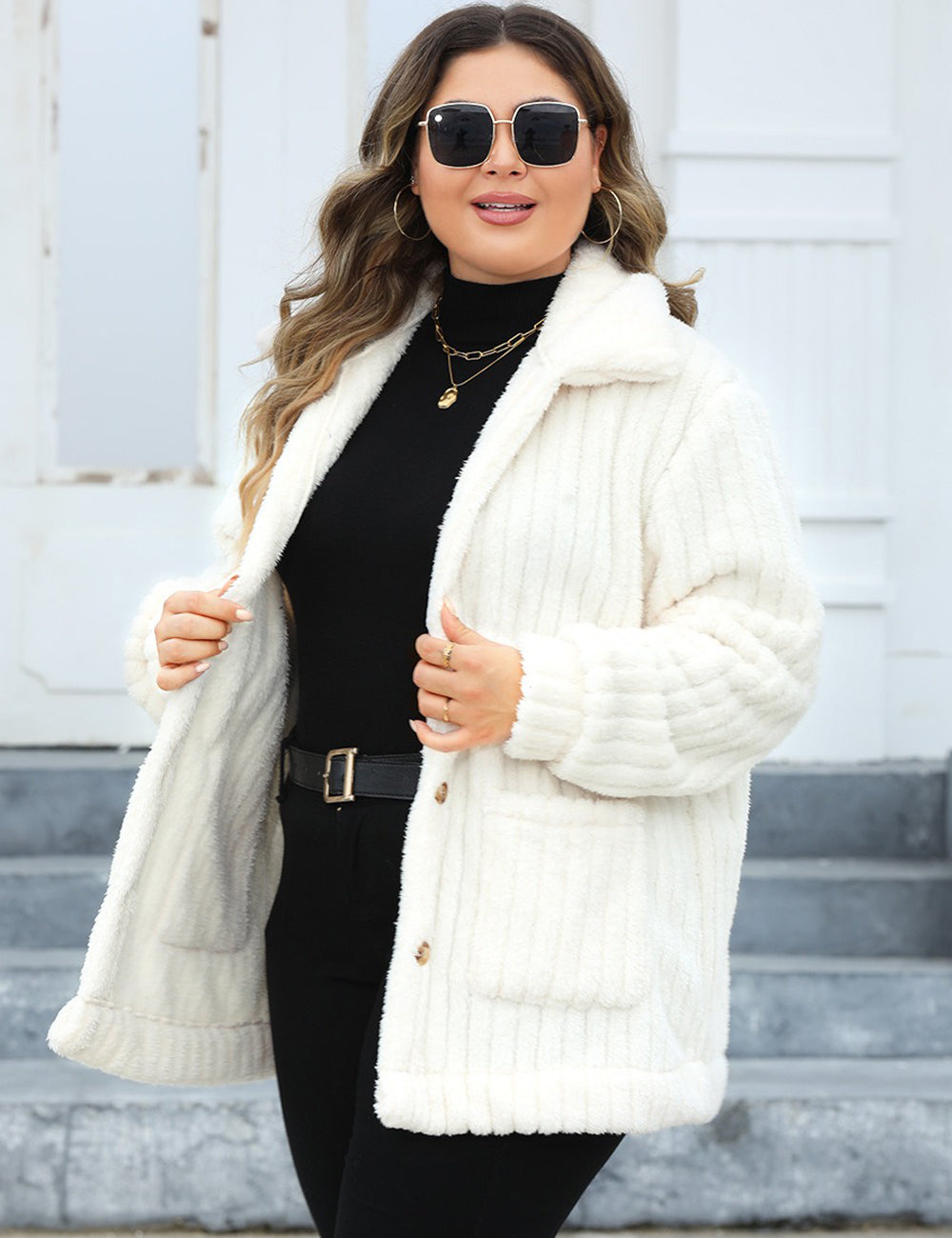 Women Plus Size White Fleece Button-Up Jacket