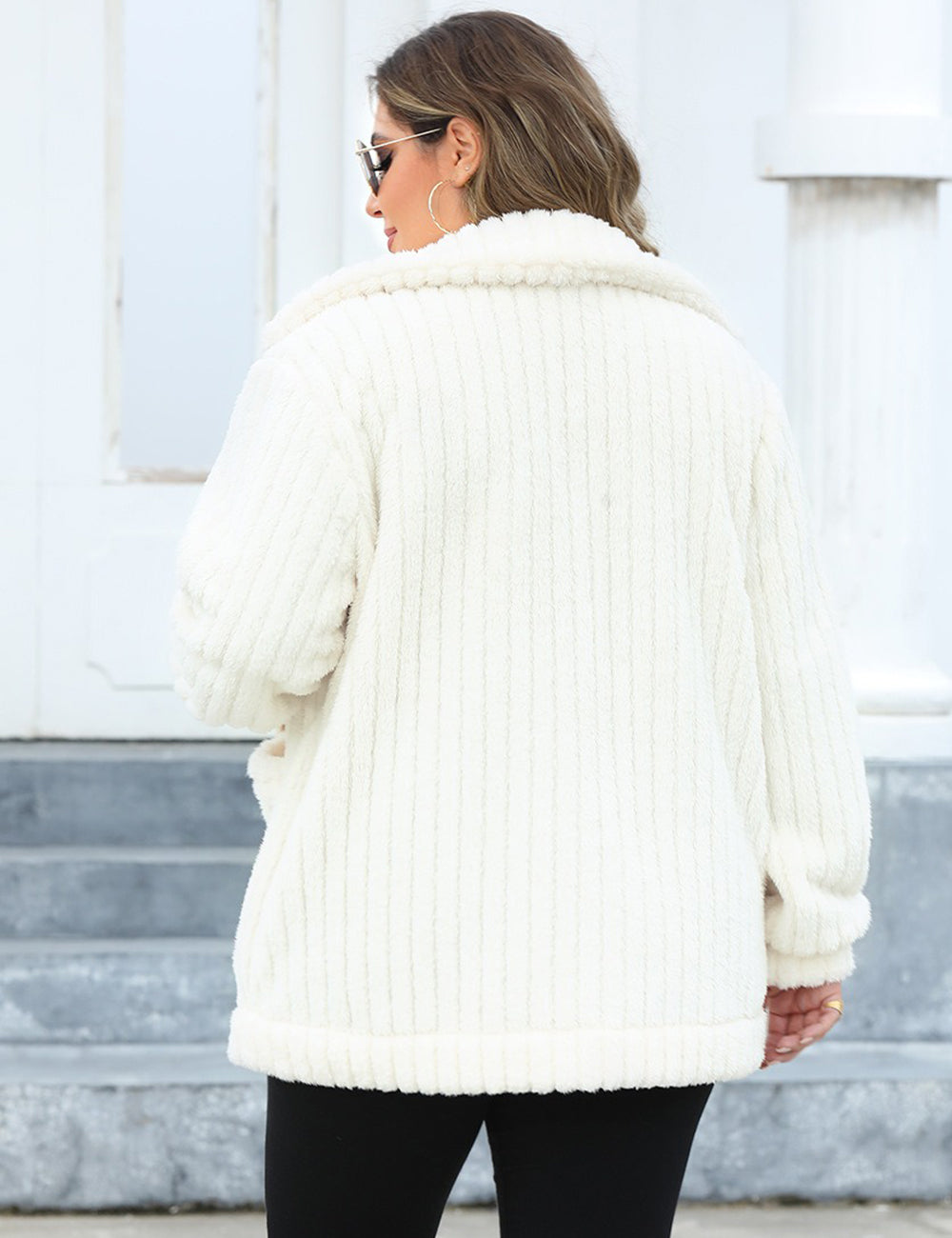 Women Plus Size White Fleece Button-Up Jacket