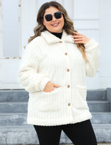 Women Plus Size White Fleece Button-Up Jacket