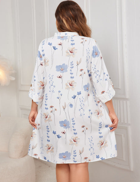 Women Plus Size White Floral Button Down Shirt Dress