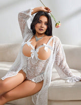 Women Plus Size Elegant White Lace Bodysuit with Matching Robe