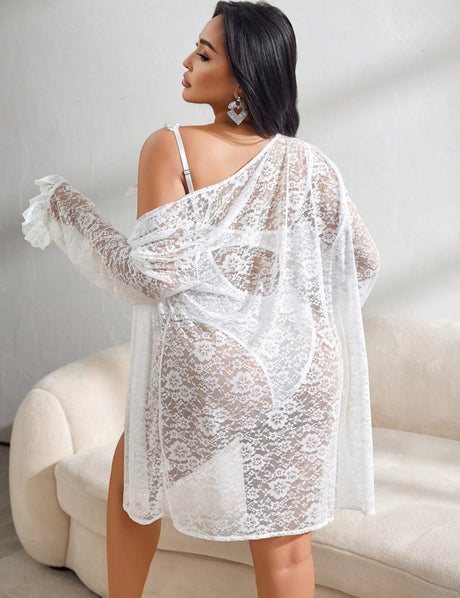 Women Plus Size Elegant White Lace Bodysuit with Matching Robe