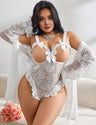 Women Plus Size Elegant White Lace Bodysuit with Matching Robe