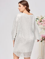Women Plus Size White One-Shoulder Sequin Batwing Party Dress