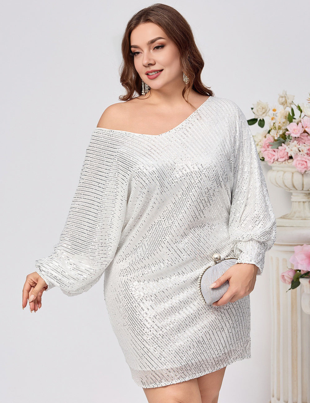Women Plus Size White One-Shoulder Sequin Batwing Party Dress