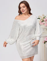 Women Plus Size White One-Shoulder Sequin Batwing Party Dress