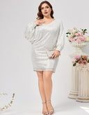Women Plus Size White One-Shoulder Sequin Batwing Party Dress