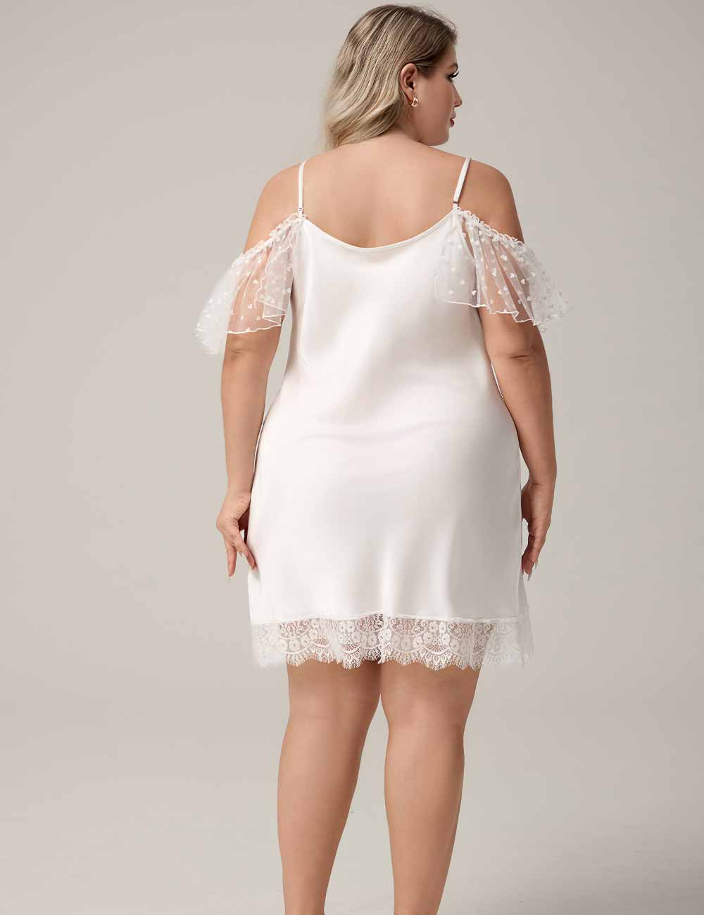 Women Plus Size White Ruffle Sleeve Lace Trim Nightgown bottom view