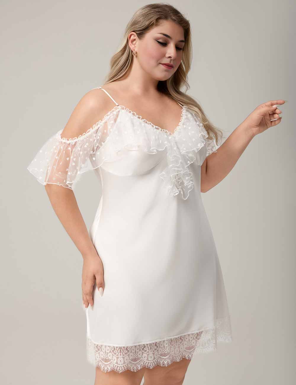 Women Plus Size Ruffle Sleeve Lace Trim Nightgown White
