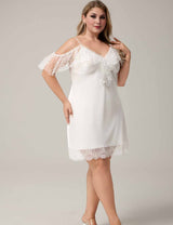 Women Plus Size White Satin Lace Trim Nightgown 