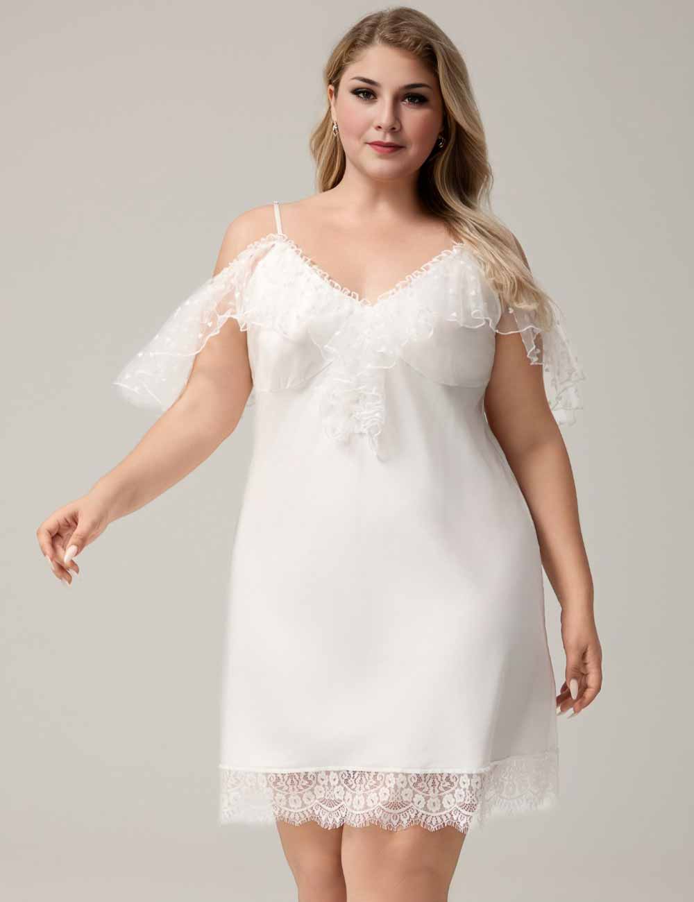 Women Plus Size White Ruffle Sleeve Lace Trim Nightgown