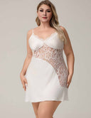 Women Plus Size White Satin Lace Panel Slip Nightgown