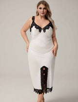 Women white Plus Size White Satin Lace Slit Nightgown