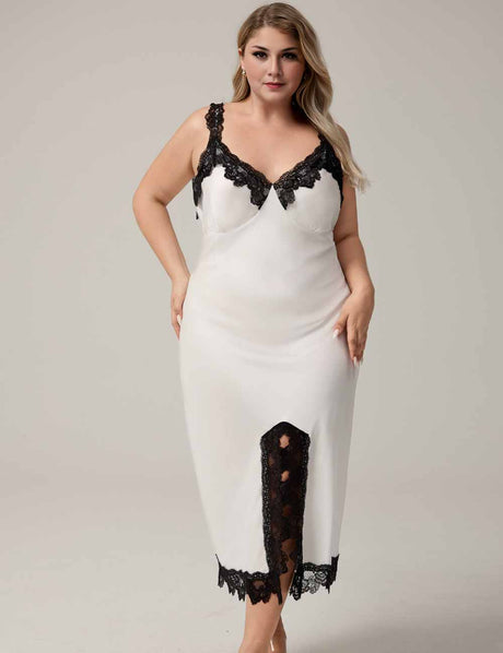 Women white Plus Size White Satin Lace Slit Nightgown