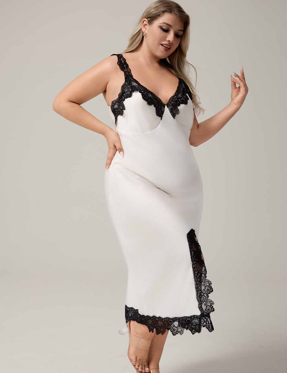 Women Plus Size White Satin Black Lace Slit Nightgown
