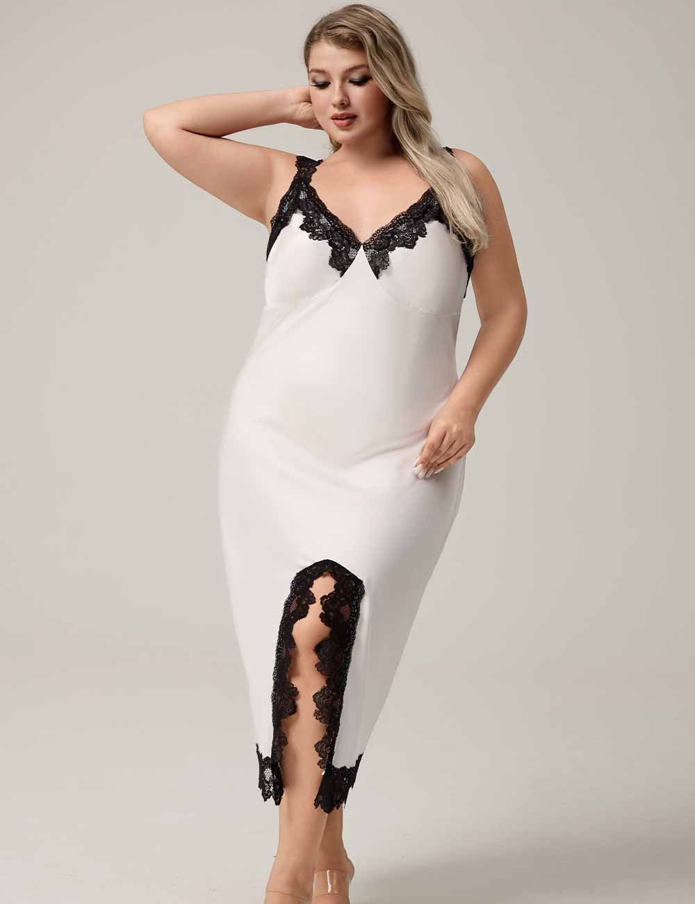Women Plus Size White Satin Lace Panel Long Nightgown