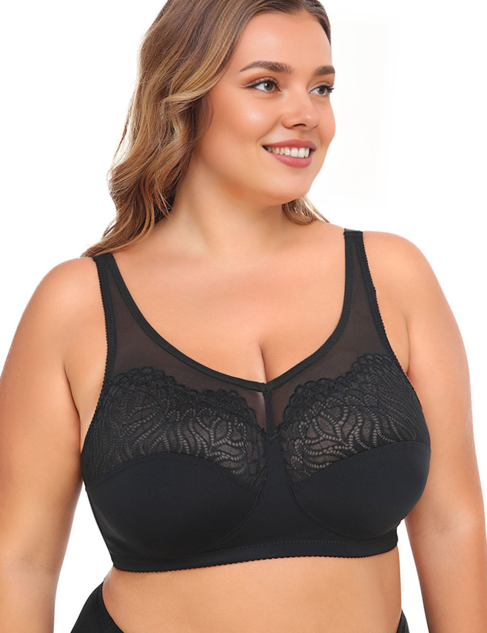 Women Plus Size Wire Free Lace Large Cup Thin Bra | PRUSES-2