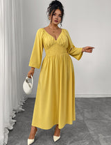 Women Plus Size Yellow Pleated A-Line Dress