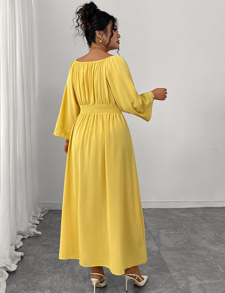 Women Plus Size Yellow Pleated A-Line Dress