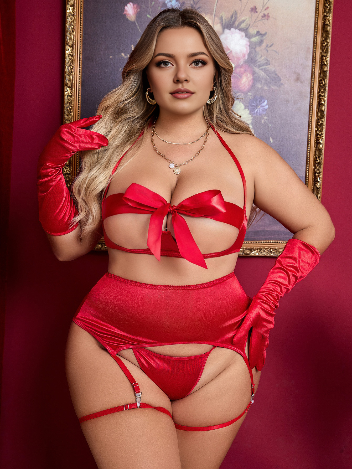 Women Plus size Sexy Temptation Garter Hollow Sexy Lingerie Four-piece Set-2