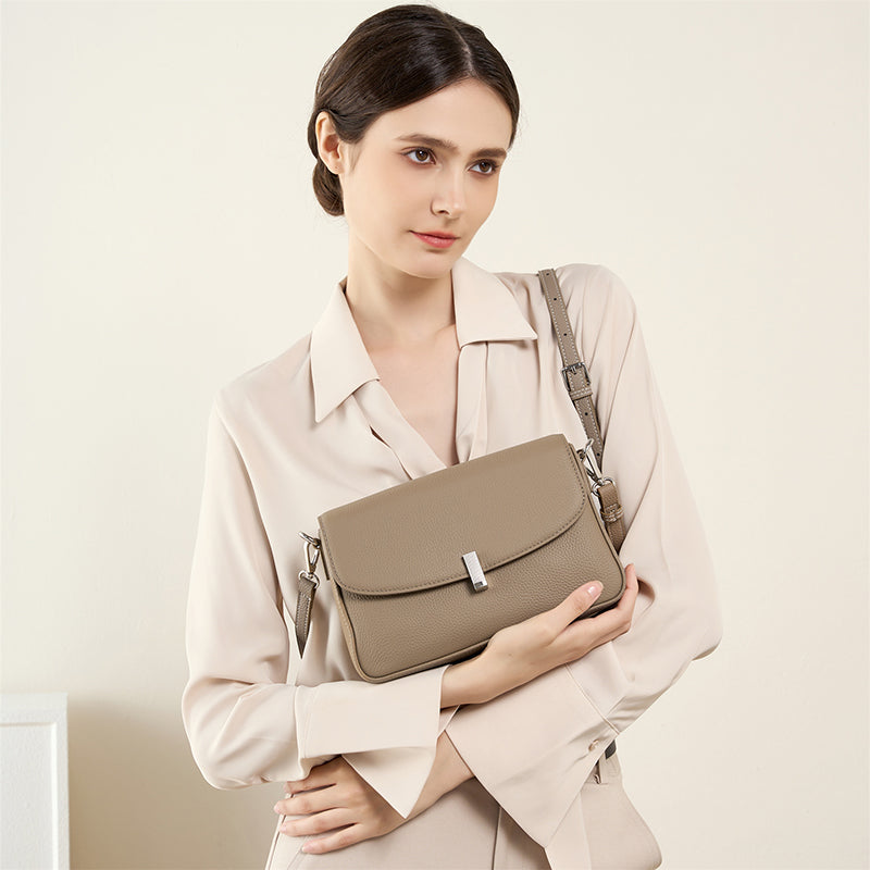 Women's Genuine gray Leather  Flap Crossbody Bags 