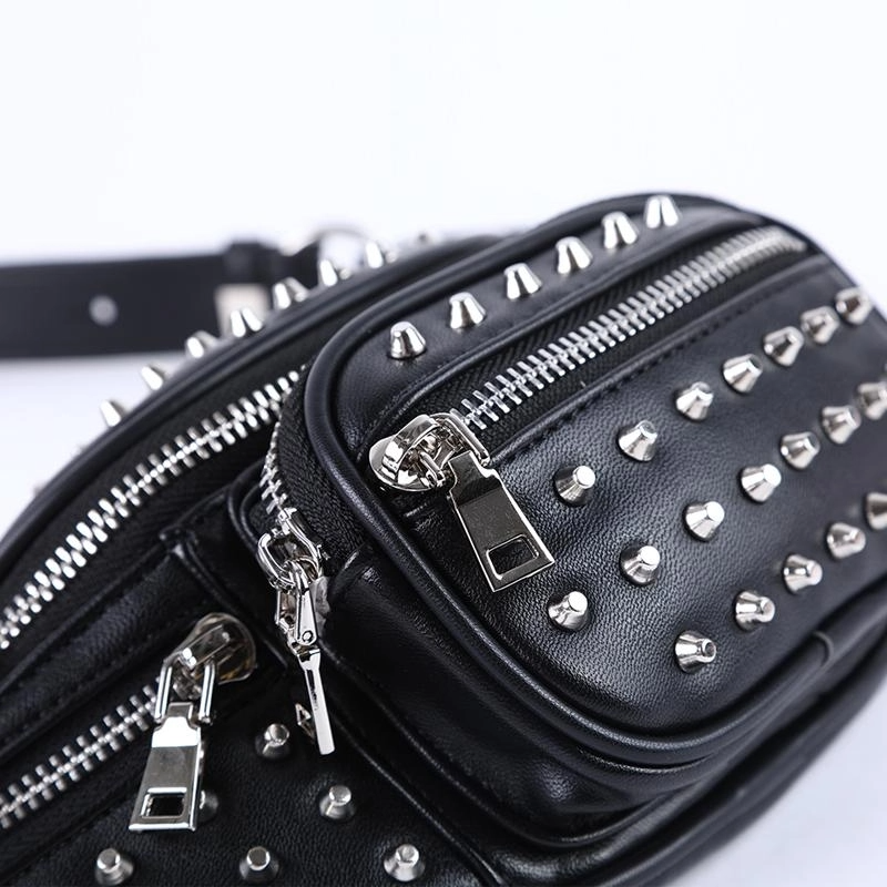 Women's Black Leather Studded Belt Bags Fanny Pack Rock Waist Bags| PRUSES-2