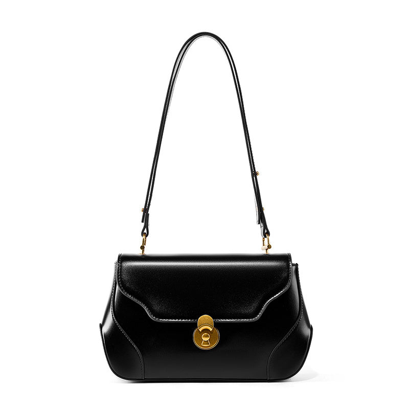 Women’s Black Minimalist Leather Shoulder Bag Flap Baguette Bag with Buckle